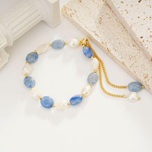 Load image into Gallery viewer, SIXFOX Natural Freshwater Charm Bracelet 18k Plated Gold Baroque Pearl Bracelet for Women Adjustable Gold Link Chain Bracelet Beaded Baroque Tourmaline Blue Dongling Copper Bracelet Birthday Gifts
