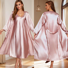 Load image into Gallery viewer, Satin Nightgown and Robe Sets for Women 2 Piece Sexy V-Neck Silk Slip Dress Long Chemise Sleepwear Pajamas with Belt Pink
