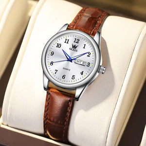 OLEVS Classic Leather Watches for Women, Business Dress Arabic Numerals Ladies Watches, Day Date Waterproof Analog Quartz Womens Wrist Watches Brown Leather Strap White Face Relojes para Mujer