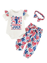 Load image into Gallery viewer, AMAWMW First 4th of July Baby Girl Clothes Set Ruffle Romper Top Pants Headband Set 3Pcs Newborn Infant Girl Outfit, D-White, 12-18 Months
