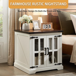 Barnyatoh Farmhouse End Table with Charging Station,24" Large Sofa Side Table with Glass Barn Door, Rustic Wood Nightstand Bedside Table with Adjustable Storage Shelf for Living Room, Bedroom,White