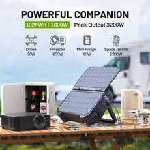 Load image into Gallery viewer, BROWEY 1600W (3200W Peak) Portable Power Station, 1024Wh LiFePO4 Battery with Built-in Solar Panel, 100W USB-C PD, Solar Generator for Camping, RV, Home Backup, Emergency (Dark Blue)
