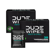 Load image into Gallery viewer, DUDE Wipes - On-The-Go Flushable Wipes - 2 Pack, 60 Wipes - Mint Chill Extra-Large Individually Wrapped Adult Wet Wipes with Eucalyptus &amp; Tea Tree Oil - Septic and Sewer Safe
