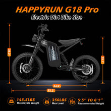 Load image into Gallery viewer, HAPPYRUN G18pro Electric Dirt Bike for Adults – 4500W Peak Motor, 60V 35Ah Battery, 38 mph Top Speed, 75 Mile Range, 5-Level Speed Control, Full Suspension, Hydraulic Brakes, 19″/17″ Off-Road Tires
