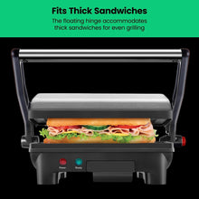 Load image into Gallery viewer, Chefman Electric Panini Press Grill, Compact 2-Slice Sandwich Maker, Non-Stick Coated Plates, Opens 180 Degrees, Dishwasher Safe, Removable Drip Tray, Stainless Steel/Black
