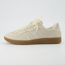 Load image into Gallery viewer, CUSHIONAIRE Belinda Women’s Lace Detail Casual Sneakers – Elegant Ribbon Lace-Up Shoes with Memory Foam, Ivory Vegan Suede 7
