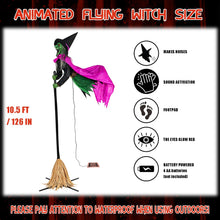 Load image into Gallery viewer, 10.5FT Sound Activated &amp; Footpad Start Flying Witch Halloween Animatronics, Large Outdoor Hovering Witch on Broom Decoration for Garden, Yard &amp; Lawn, Animated Flying Witches Halloween Decor
