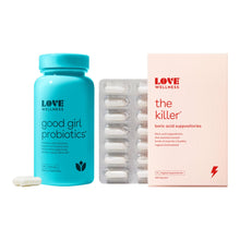 Load image into Gallery viewer, Love Wellness Good Girl Probiotics &amp; The Killer | Vaginal pH Balance Supplement &amp; Boric Acid Suppositories for Women | Odor Control with Prebiotics for Urinary Tract &amp; Intimate Feminine Health
