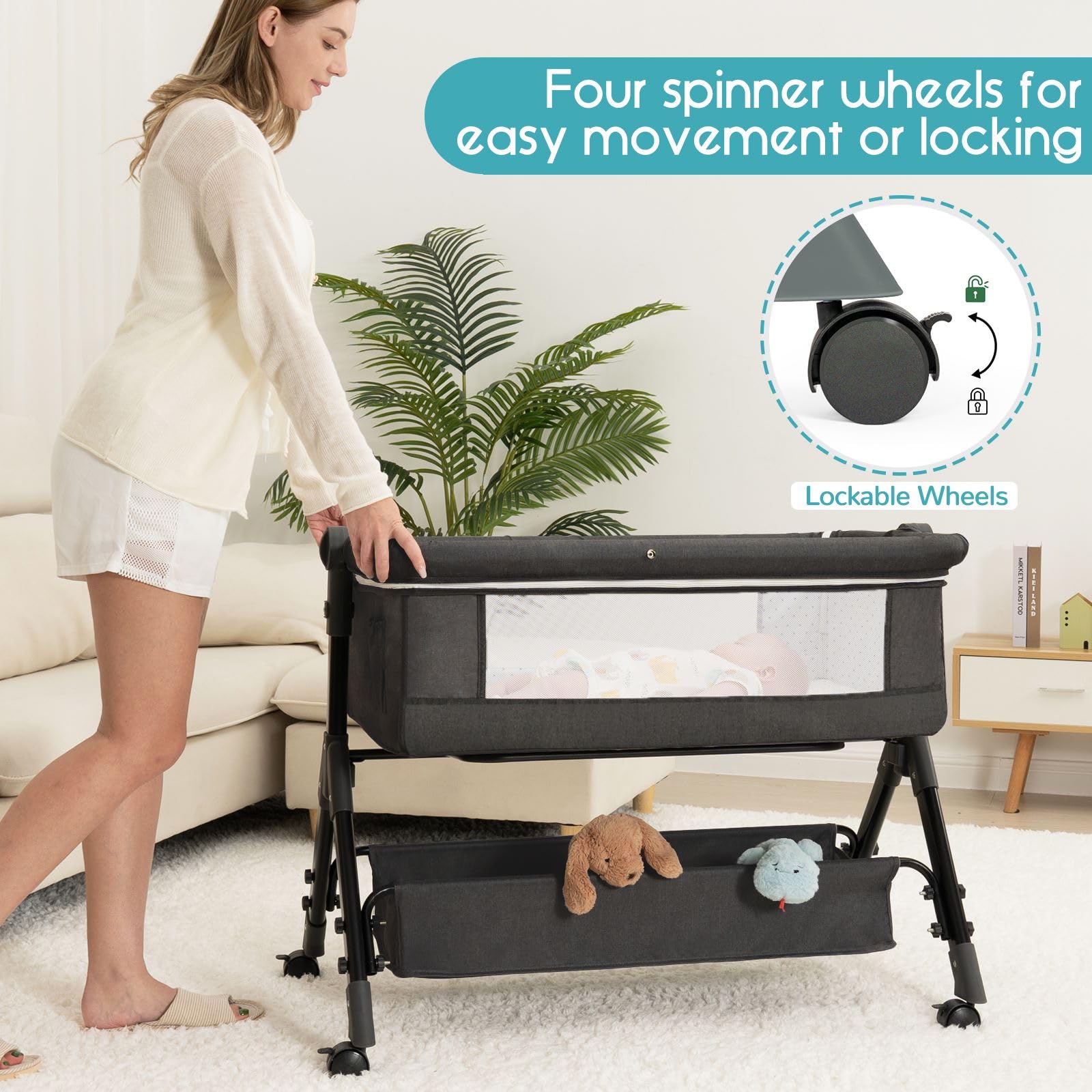 Load image into Gallery viewer, BCOL Baby Bassinet, Bedside Bassinet for Baby, 3 in 1 Bassinet Bedside Sleeper with Wheels, Mosquito Net, Adjustable Easy Folding Portable Bed for Infant Newborn (Dark Grey)