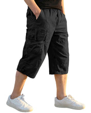 Load image into Gallery viewer, EKLENTSON Cargo Shorts for Men Below Knee Casual Long Shorts for Men Loose Fit Cotton 3/4 Capri Pants with 7 Pockets, Black, 34
