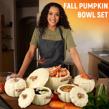 Load image into Gallery viewer, Maxdot Set of 5 Ceramic Pumpkin Bowls with Lid and Handles Pumpkin Shape Soup Serving Pot Storage Jar for Fall Thanksgiving Halloween Party Kitchen Dessert Decoration 17Oz &amp; 54Oz(Cream Yellow)
