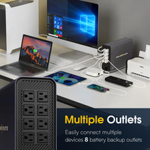 Load image into Gallery viewer, GOLDENMATE 1000VA/600W Lithium UPS Battery Backup &amp; Surge Protector, Backup Battery Power Supply with LiFePO4 Batteries(153.6 Wh), Sinewave UPS System, 10 Years Lifespan, 8 Outlets, LCD Display, Gray
