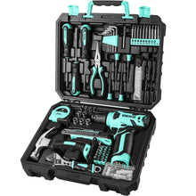 Load image into Gallery viewer, DEKOPRO Drill Set: Tool Set with 8V Cordless Drill, Home Tool Kit with Drill, Hand Tool Kits for Women 126 Piece, Turquoise
