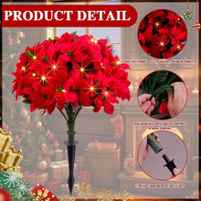 Load image into Gallery viewer, 2PCS Artificial Poinsettia Flower Topiary Trees with Lights,Christmas Topiary Balls Trees with Ground Spike,Pre-Lit Christmas Tree Urn Filler,UV Resistant Faux Poinsettias Bush for Porch,Yard Decor
