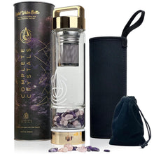 Load image into Gallery viewer, Doyzee Complete Crystal Water Bottle Three Interchangeable Healing Crystals – Rose Quartz, Amethyst, Clear Quartz – Tea Infuser Loose Leaf Tea Bottle – Gem Elixir Infused Glass Water Bottle

