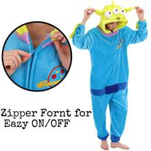 Load image into Gallery viewer, COSUSKET Fitted Unisex Adult Aliens Onesie Pajamas, Halloween Flannel Women's Cosplay One Piece Costume Green/Blue

