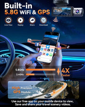 Load image into Gallery viewer, 4K Dash Cam Front and Rear, Full HD 3 Channel Dashcam, Free 128GB Memory Card, Built-in 5.8GHz WiFi Built-in GPS, Collision Sensor, Night Vision, 3.16" IPS, 24H Parking Mode（Black）
