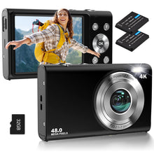 Load image into Gallery viewer, Digital Camera, Autofocus UHD 4K Vlogging Camera with 32GB Card, 48MP 16X Digital Zoom Digital Camera, Anti-Shake Portable YouTube Compact Point Shoot Camera for Teens Adult Beginner(Black)

