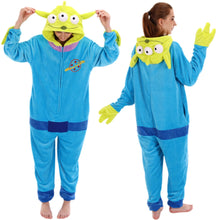 Load image into Gallery viewer, COSUSKET Fitted Unisex Adult Aliens Onesie Pajamas, Halloween Flannel Women's Cosplay One Piece Costume Green/Blue
