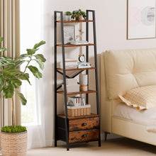 Load image into Gallery viewer, Furologee 5-Tier Ladder Shelf with 2 Drawers,Narrow Bookshelf Storage Shelves,Industrial Bookcase Freestanding Shelf Units for Bedroom,Living Room,Bathroom,Home Office,Balcony,Wood Metal,Rustic Brown
