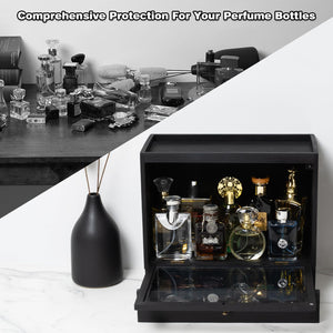 Emfogo Cologne Organizer for Men, Solid Wood Perfumes Organizer for Men Dresser, Large Capacity Dustproof Cologne Holder with Drawer Storage Perfume Stand Organizer, Gift for Men (Black)