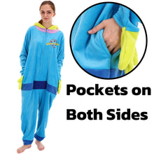 Load image into Gallery viewer, COSUSKET Fitted Unisex Adult Aliens Onesie Pajamas, Halloween Flannel Women's Cosplay One Piece Costume Green/Blue
