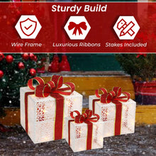 Load image into Gallery viewer, 3-Piece Lighted Gift Boxes - Pre Lit Christmas Decoration with Ribbons for Indoor/Outdoor Use (8in) - Weather Resistant Yard Home Decor with Warm UL Lights
