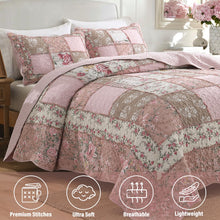 Load image into Gallery viewer, NEWLAKE Quilt Set Queen Size, Cotton Patchwork Pink Floral Quilt Sets, Real Stitched Embroidery Bedspread Lightweight and Breathable for All Seasons, Soft Quilted with 2 Pillow Shams
