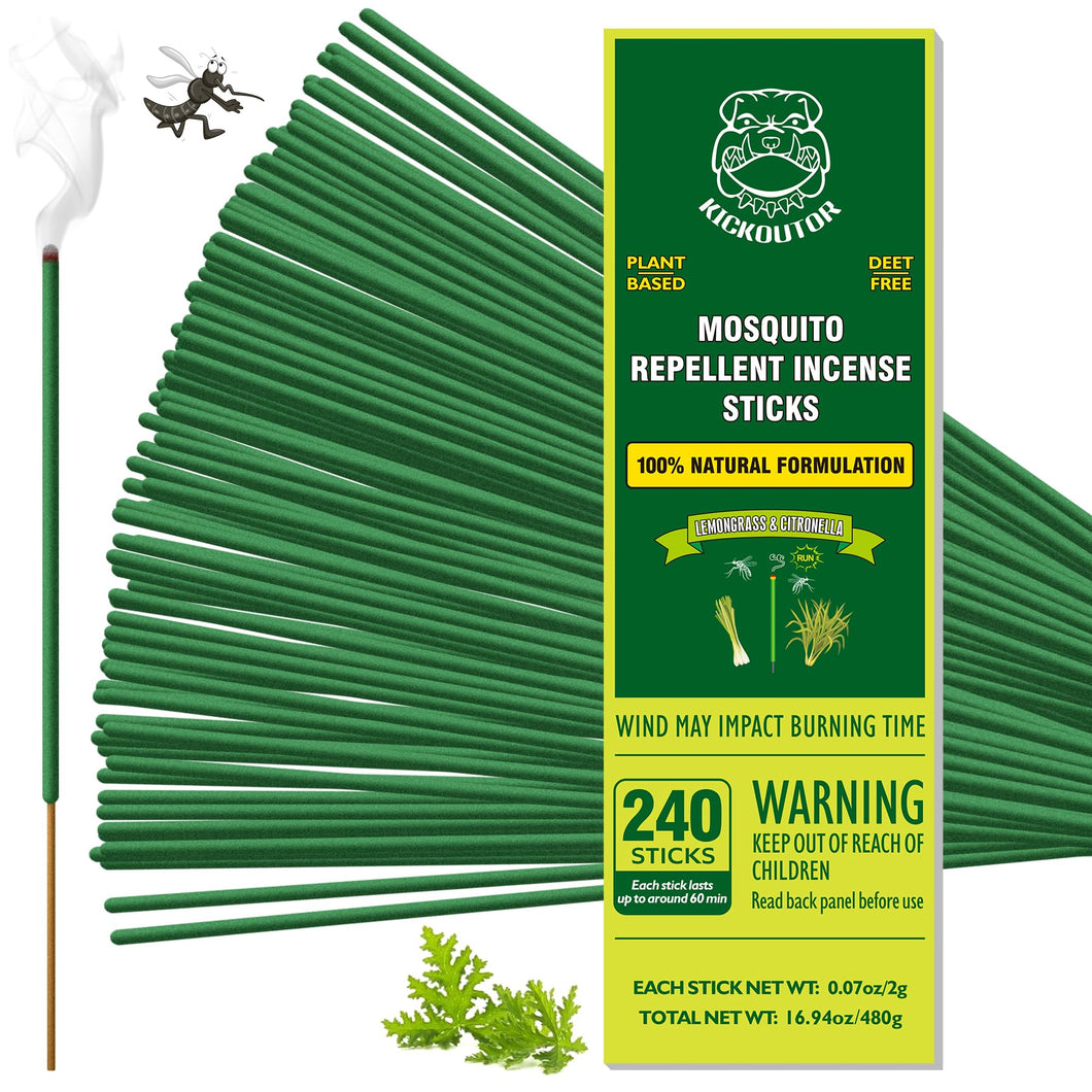 KICKOUTOR Mosquito Repellent Outdoor Patio 240 PCS Natural Citronella Incense Sticks DEET Free Lemongrass Oil Gnat Mosquito Control for Indoor Backyard Travel Camping