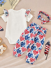 Load image into Gallery viewer, AMAWMW First 4th of July Baby Girl Clothes Set Ruffle Romper Top Pants Headband Set 3Pcs Newborn Infant Girl Outfit, D-White, 12-18 Months
