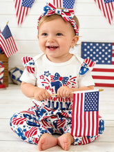 Load image into Gallery viewer, AMAWMW First 4th of July Baby Girl Clothes Set Ruffle Romper Top Pants Headband Set 3Pcs Newborn Infant Girl Outfit, D-White, 12-18 Months
