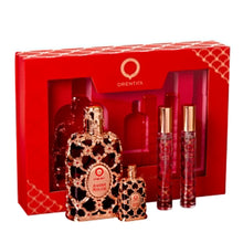 Load image into Gallery viewer, Orientica Luxury Collection Amber Rouge 4-Pc Gift Set Eau De Parfum - Woody, Amber, Saffron, Praline, Jasmine, Orange, Oak Moss, Seaweed - Arabic Perfume for Women - (2.7oz, 7.5ml &amp; 2 X 10ml spray)
