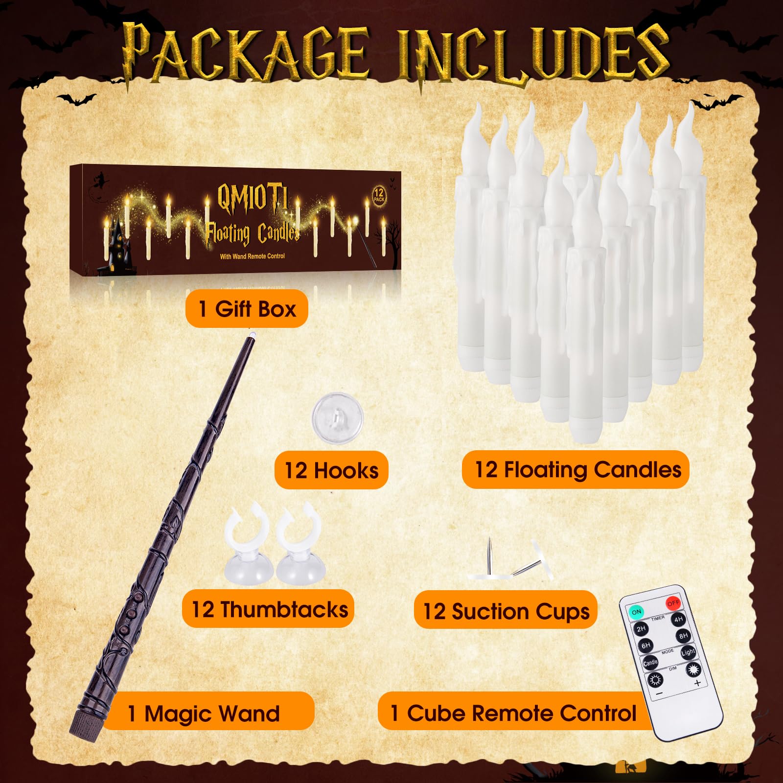 Load image into Gallery viewer, Qmioti Floating Candles with Wand Timer Remote Control - 12 Pack Flickering Warm Light LED Candle, Halloween Decorations for Indoor Outdoor Home Room, Party, Birthday, Wedding (White)