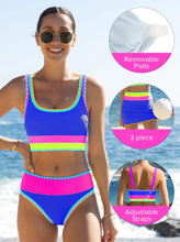 Load image into Gallery viewer, popvil High Waisted Bikini Sets for Women Tummy Control Swimsuits 3 Piece Bathing Suits Neon Swimwear with Skirt 2026 RoyalBlue S
