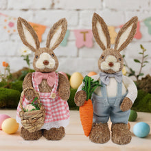 Load image into Gallery viewer, DR.DUDU Set of 2 Easter Decorations for Home- 14" Sisal Bunny Figurines with Carrot &amp; Egg, Spring Straw Bunny Couple Farmhouse Centerpieces for Tables, Easter Rabbits Decor
