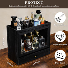 Load image into Gallery viewer, Emfogo Cologne Organizer for Men, Solid Wood Perfumes Organizer for Men Dresser, Large Capacity Dustproof Cologne Holder with Drawer Storage Perfume Stand Organizer, Gift for Men (Black)

