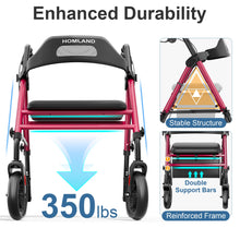 Load image into Gallery viewer, HOMLAND Foldable Rollator Walkers with Seat for Seniors, 8'' Big Wheels, 350 lb. Weight Capacity, Adjustable Handles and Seat Height, Lightweight Rolling Walker, Red
