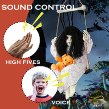 Load image into Gallery viewer, Hourleey Halloween Decorations Outdoor, Hanging Swinging Girl Doll Sound Activated with Lighted Eyes Creepy Sound, Animatronics Halloween Decor for Indoor Trees Party Garden Haunted House Prop
