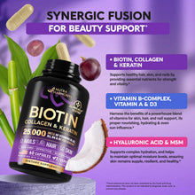Load image into Gallery viewer, Biotin | Collagen | Hyaluronic Acid | Keratin - Support Normal Hair Growth Cycle, Skin &amp; Nails - Clinically Tested - 25000mcg Vitamins B1, B2, B3, B6 &amp; B7 - for Women &amp; Men - Made in USA | 60 Capsules
