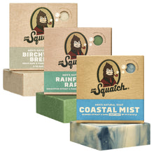 Load image into Gallery viewer, Dr. Squatch Natural Men’s Bar Soap - Cold Process Body Soap Bar with Natural Oils - Gifts for Men - Coastal Mist, Rainforest Rapids, Birchwood Breeze (5 oz, 3-Pack)
