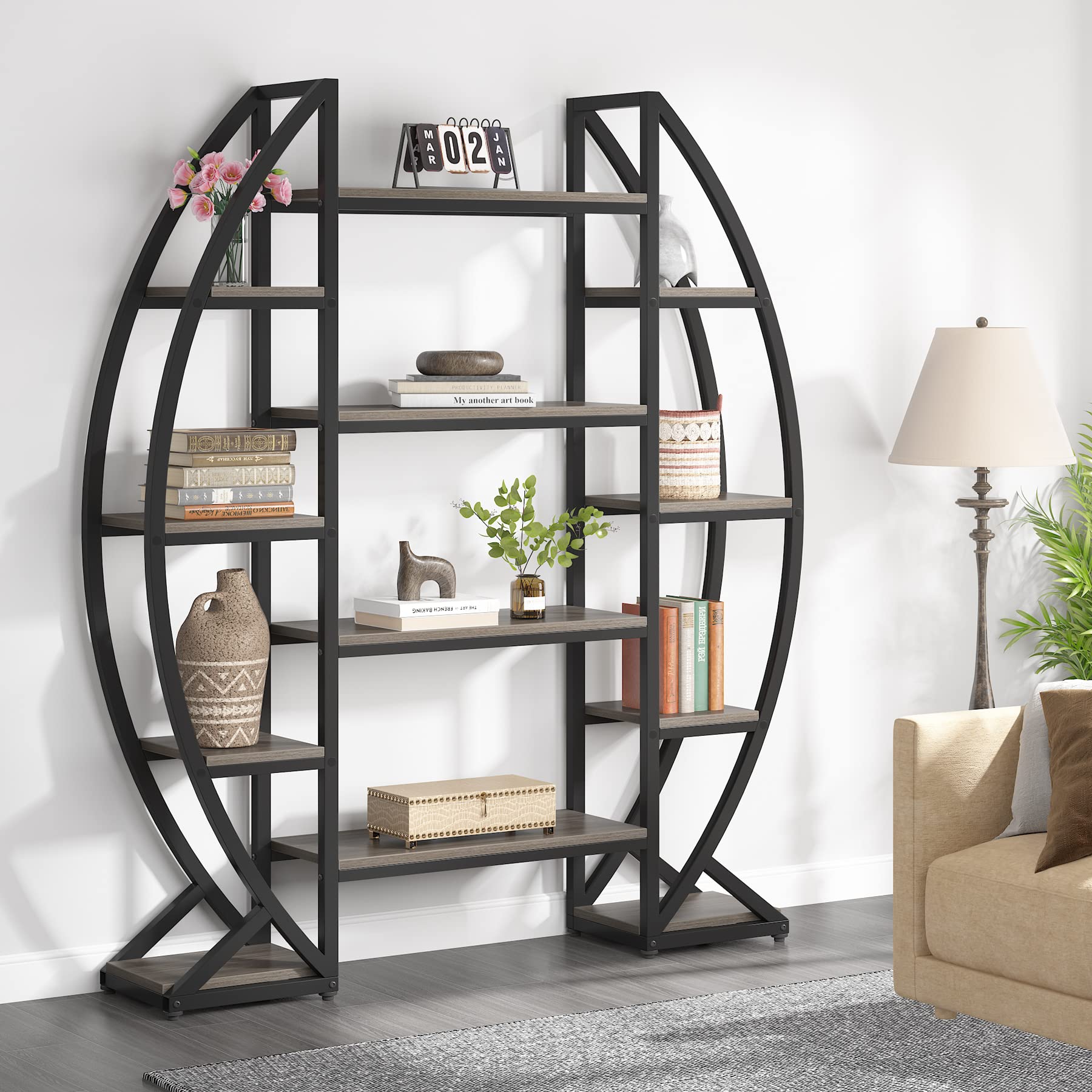 Load image into Gallery viewer, Tribesigns Oval Bookshelf, Triple Wide 5 Tier Etagere Bookcases, Industrial Display Shelves for Living Room (Gray, 55")