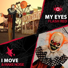 Load image into Gallery viewer, Haunted Hill Farm Life-Size Scary Talking Clown, Halloween Animatronic with Motion and Touch Activated Lights and Sounds, Battery Operated Indoor or Covered Outdoor Halloween Decorations
