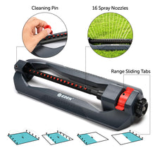 Load image into Gallery viewer, Eden 96213 Essential Turbo Oscillating Water Sprinkler, Covers Up to 3,600 sq. ft., 16 Nozzles, Weighted Base, Adjustable Range, Quick Connect Bundle, Dark Grey, Red, Silver
