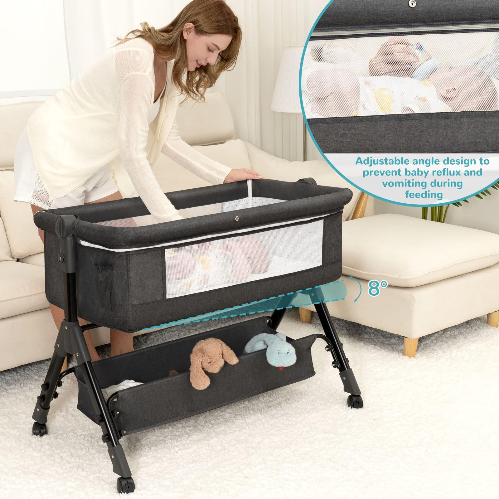 Load image into Gallery viewer, BCOL Baby Bassinet, Bedside Bassinet for Baby, 3 in 1 Bassinet Bedside Sleeper with Wheels, Mosquito Net, Adjustable Easy Folding Portable Bed for Infant Newborn (Dark Grey)