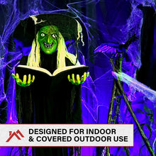 Load image into Gallery viewer, Haunted Hill Farm Life-Size Talking Witch Holding Spell Book, Halloween Animatronic with Touch Activated Lights and Sound, Poseable, Battery Operated Indoor or Covered Outdoor Halloween Decorations
