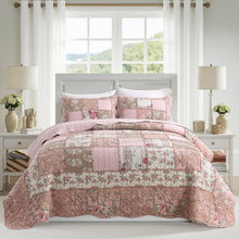 Load image into Gallery viewer, NEWLAKE Quilt Set Queen Size, Cotton Patchwork Pink Floral Quilt Sets, Real Stitched Embroidery Bedspread Lightweight and Breathable for All Seasons, Soft Quilted with 2 Pillow Shams
