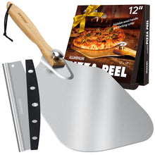 Load image into Gallery viewer, Pizza Peel Aluminum Pizza Spatula, Mooues 12 inch Metal Pizza Paddle(12"x 14")with Rocker Cutter Foldable Wood Handle, [Storage bag included], for Family Pizza Oven Baking Pizza, Dough, Bread &amp; Pastry
