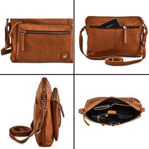 Wise Owl Accessories Small Soft Pebbled Real Leather Crossbody Handbags Purses Triple Zip Premium Sling Crossover Shoulder Bag for Women Gift (Cognac Nappa)