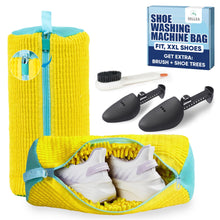Load image into Gallery viewer, Shoe Washing Machine Bag –2 Pcs Reusable Laundry Shoe Bag with Brush &amp; Shoe Trees, 360° Deep Cleaning Sneaker Washing Machine Bag, Fits All Shoe Types &amp; Sizes (Yellow, 14.8 × 7.4 Inches)

