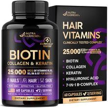 Load image into Gallery viewer, Biotin | Collagen | Hyaluronic Acid | Keratin - Support Normal Hair Growth Cycle, Skin &amp; Nails - Clinically Tested - 25000mcg Vitamins B1, B2, B3, B6 &amp; B7 - for Women &amp; Men - Made in USA | 60 Capsules
